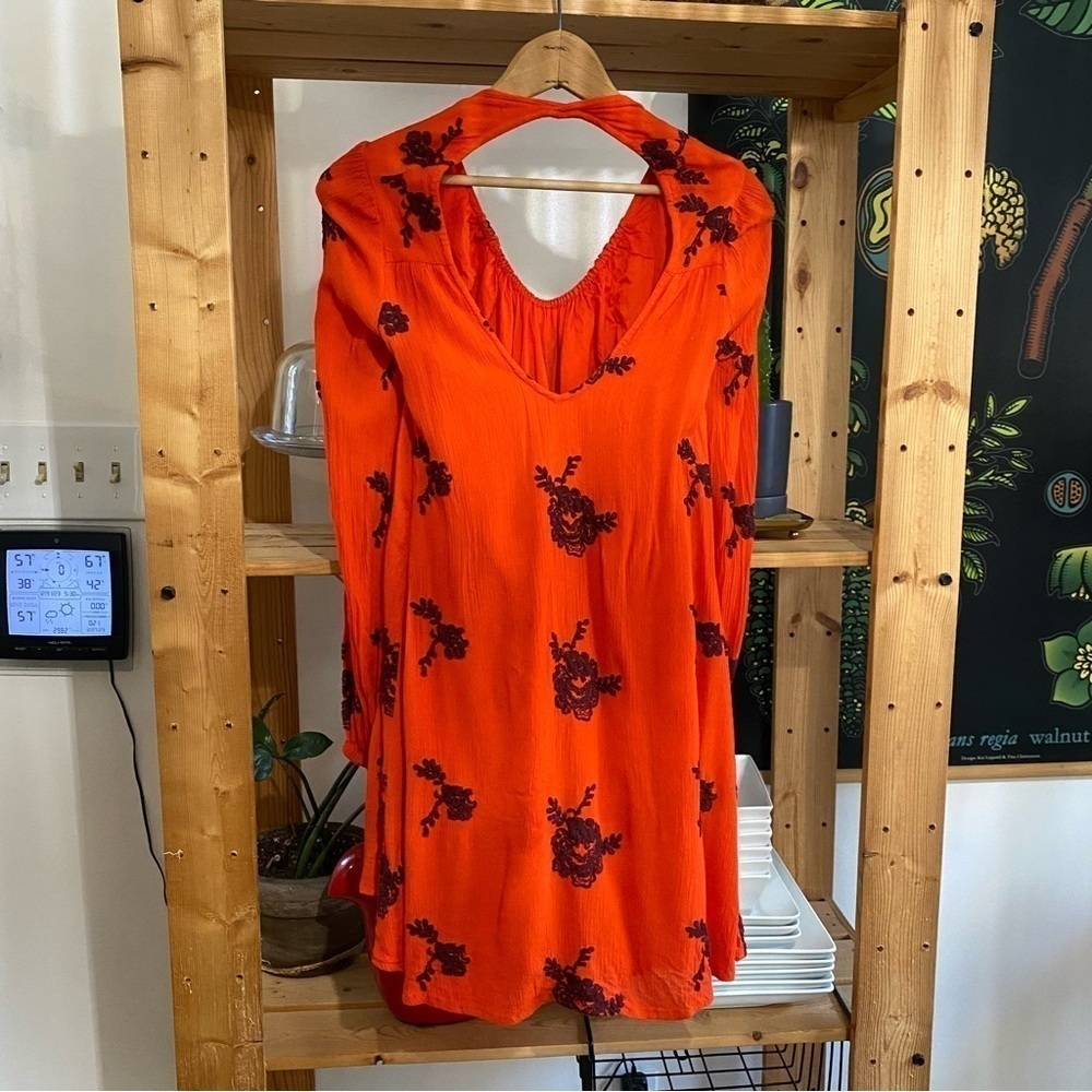 Free People Red Embroidered Austin V-neck Long Sleeve Mini Dress XS - Picture 5 of 15